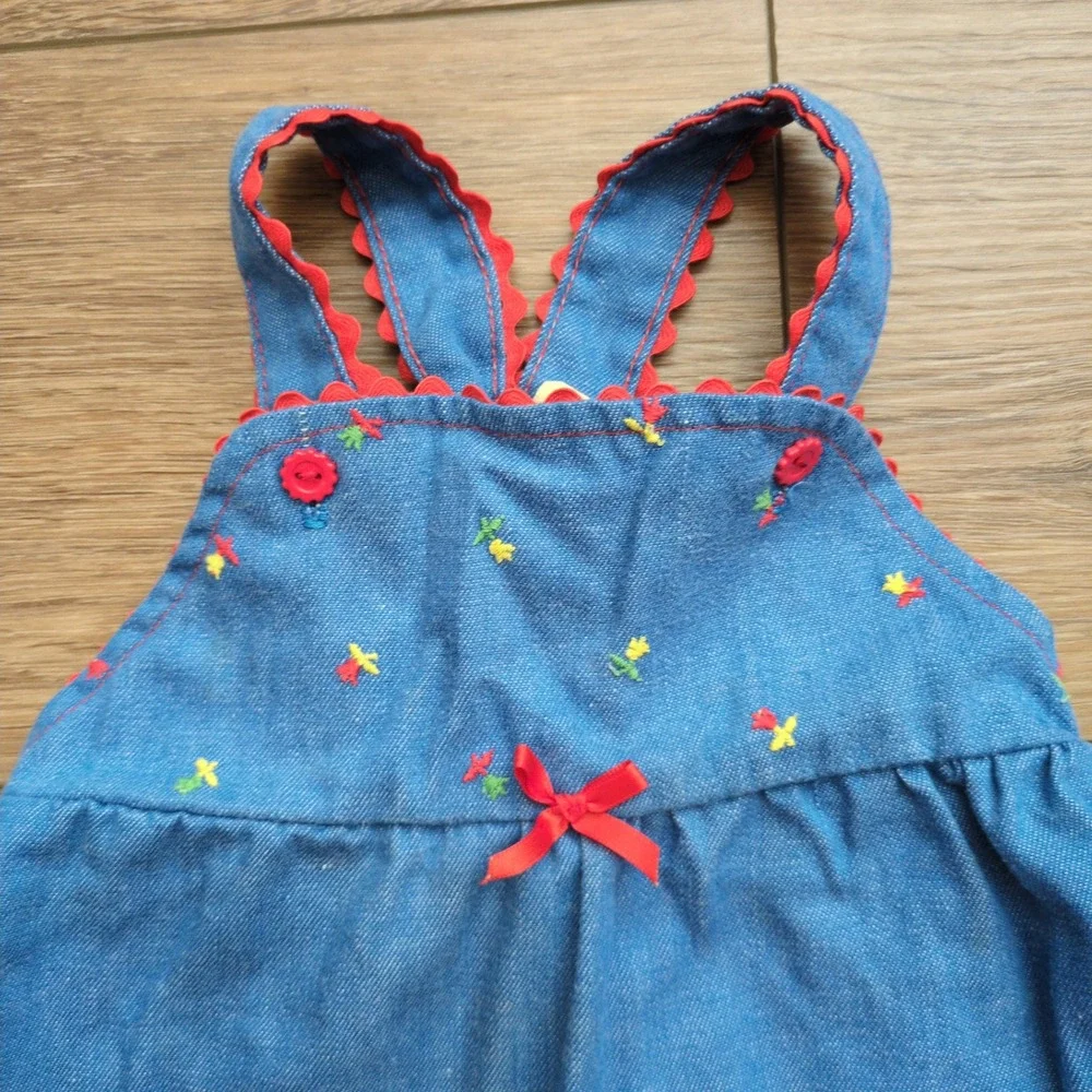 Vtg 80s Carters Denim Pinafore Overall Dress Shirt Floral Embroidery Toddler 24M